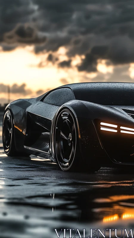 Aerodynamic black hypercar on wet asphalt under stormy sunset sky