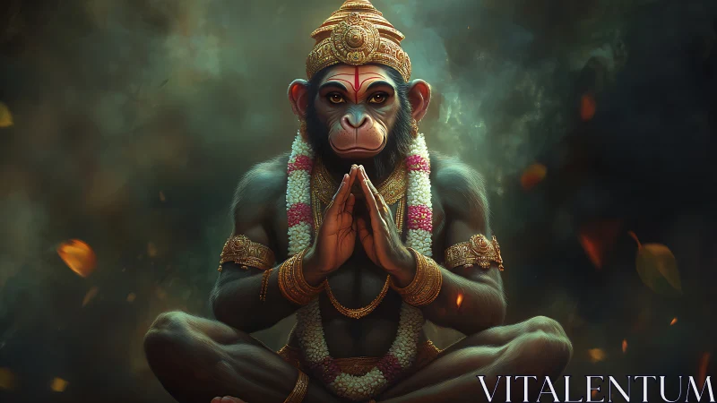 Simian figure in ornate regalia seated in meditative pose.