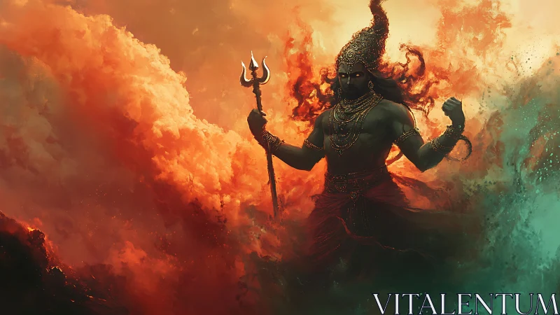 Mythic warrior deity amid turbulent fiery and teal clouds