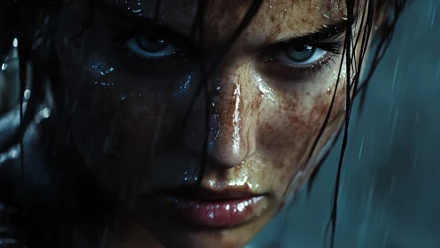Hyperreal close-up portrait captures intense rain-soaked stare