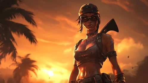 Sunlit jungle raider in tactical gear under molten sky.