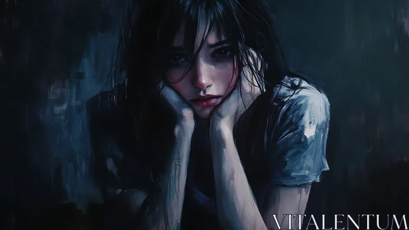 Melancholic digital portrait of pensive young woman at dusk.