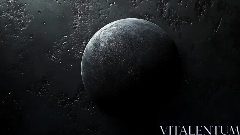 Dark cratered planetary body on textured black field.