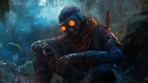 Neon-eyed wasteland scout resting in a haunted jungle hush.