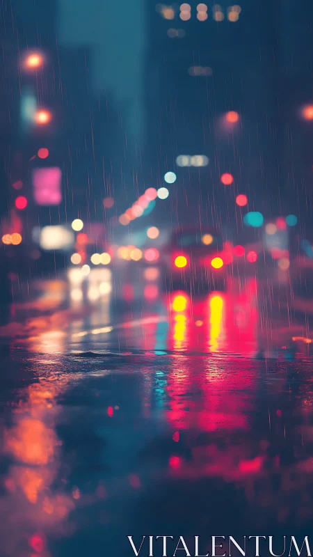 Neon rainfall drapes a midnight city in chromatic hush.