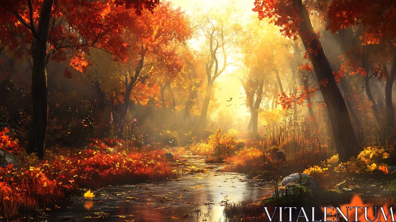 Autumn Forest Stream at Golden Hour.