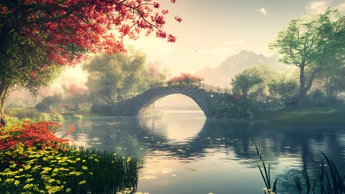 Sunlit stone bridge over a dreamy riverside garden.