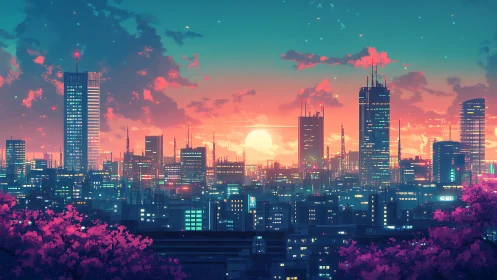 Dreamy neon city sunset wrapped in soft pastel light.