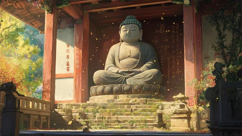 Gentle Buddha statue rests in golden light at a quiet temple