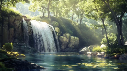 Sunlit forest waterfall cascades into tranquil reflective pool
