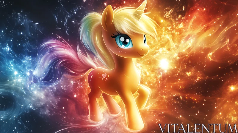Golden cartoon unicorn pony in dual‑colored cosmic nebula.