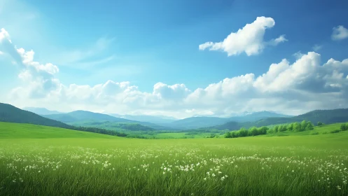 Gentle green meadow opens toward soft mountains and sky