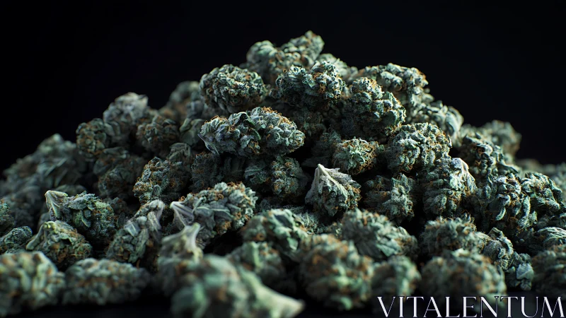 Dense pile of cannabis flower buds is arranged on dark surface