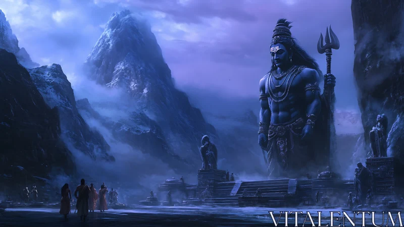 Colossal blue deity towers over misty Himalayan valley.