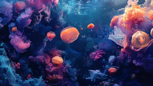 Luminous jellyfish drifting through neon cosmic waters.