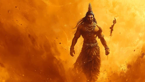 Warrior deity strides through blazing golden storm.