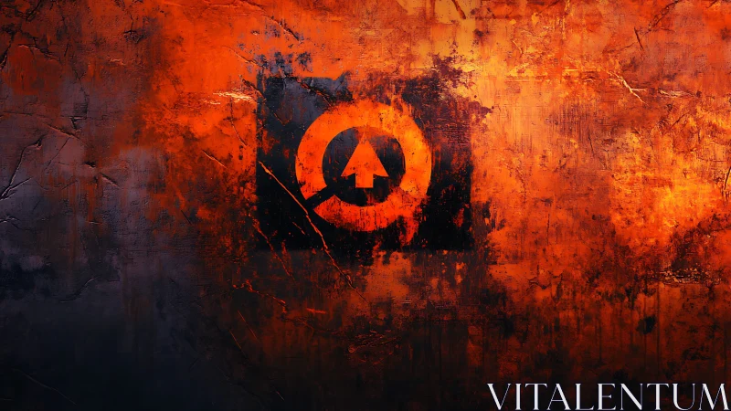 Industrial arrow emblem on scorched textured orange wall.