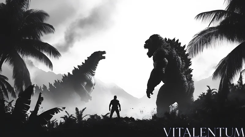 Colossal kaiju confront lone human amid jungle clearing
