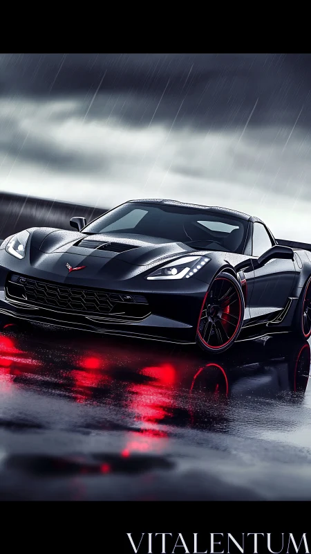 Sleek black sports car on wet track with red neon glow.