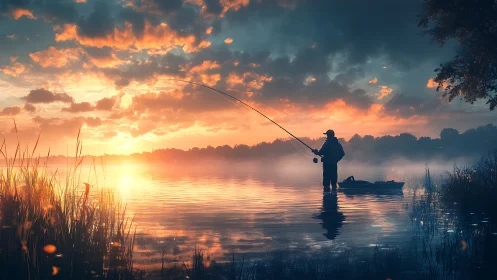 Solitary angler bends dawn’s mirror on a misty lake horizon.
