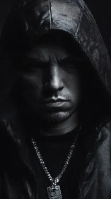 Hooded male subject is lit with controlled low key lighting