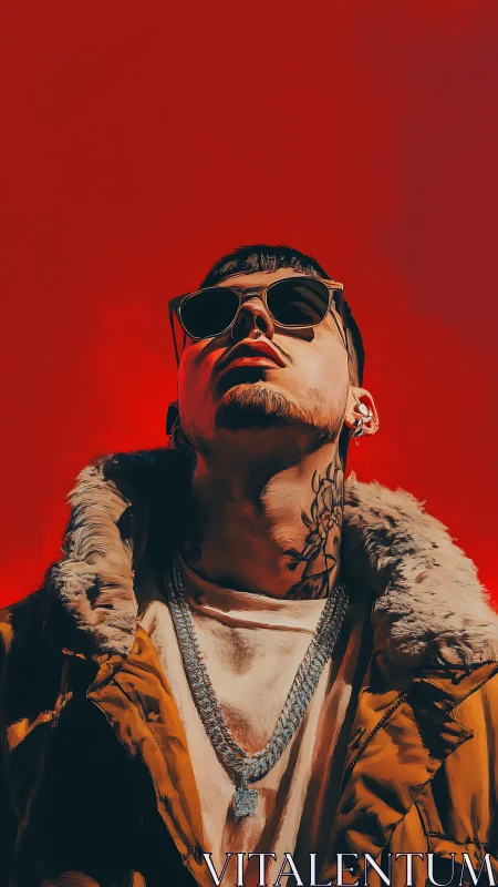 Street portrait under crimson sky with bold urban glow.