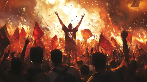 Blazing crowd celebration under a storm of light and flags.