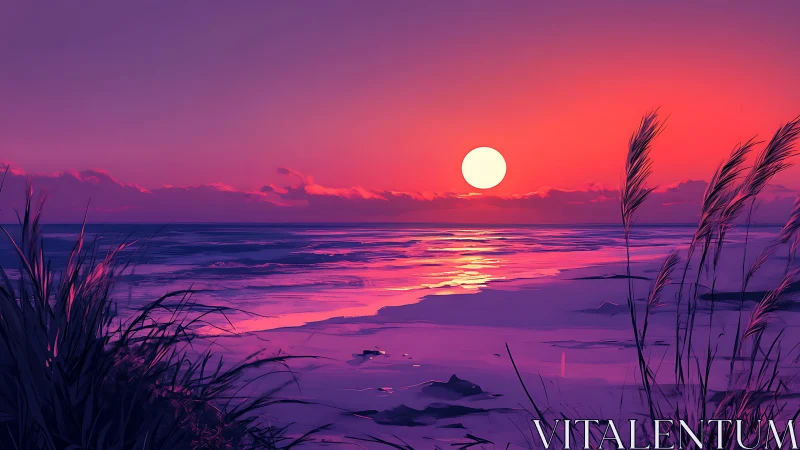 Neon coastal sunset over calm sea with glowing reflections.