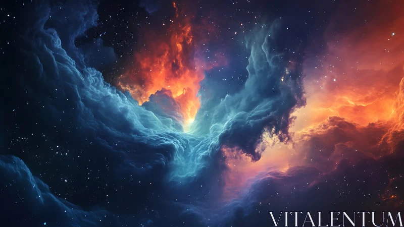 Fiery cosmic nebula swirls meet tranquil blue starlit clouds
