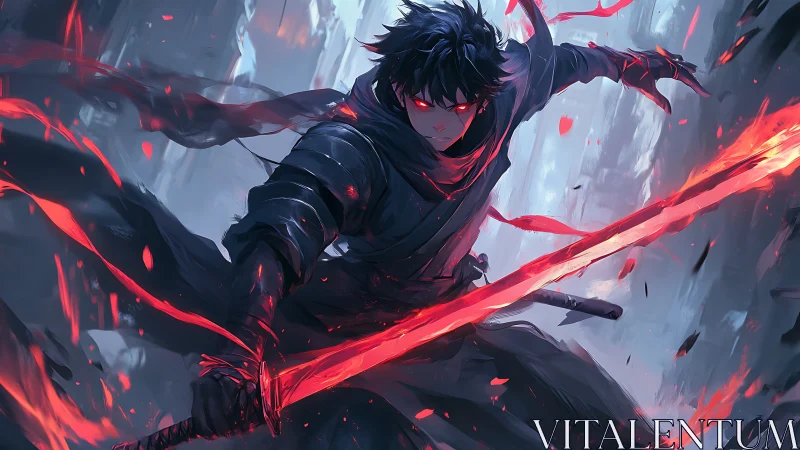 Dark anime swordsman with glowing red katana in motion blur