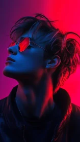 Neon-lit portrait shows cool youth in reflective red shades.