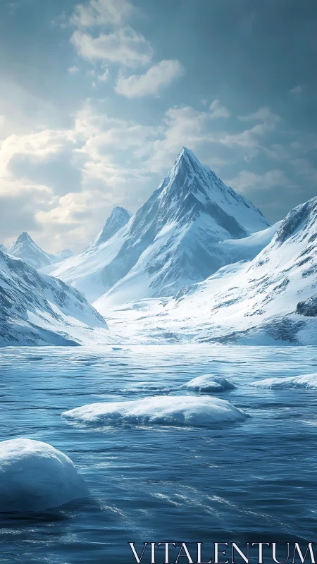 Gentle blue glacier peaks rising over a calm icy fjord.