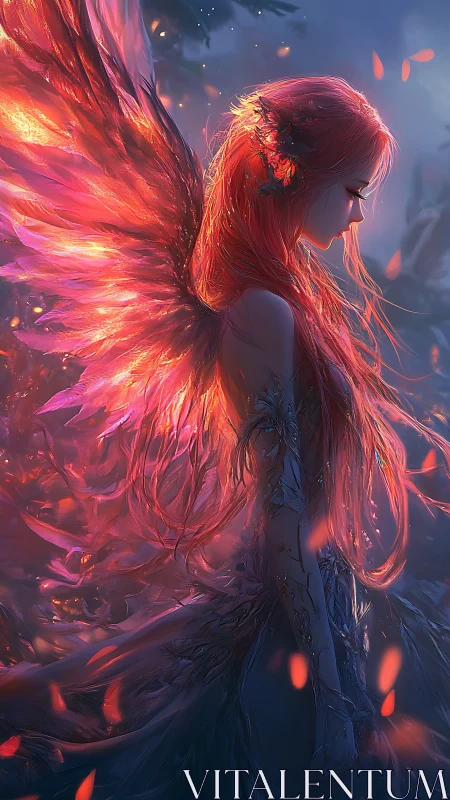 Luminous crimson winged maiden in backlit twilight forest