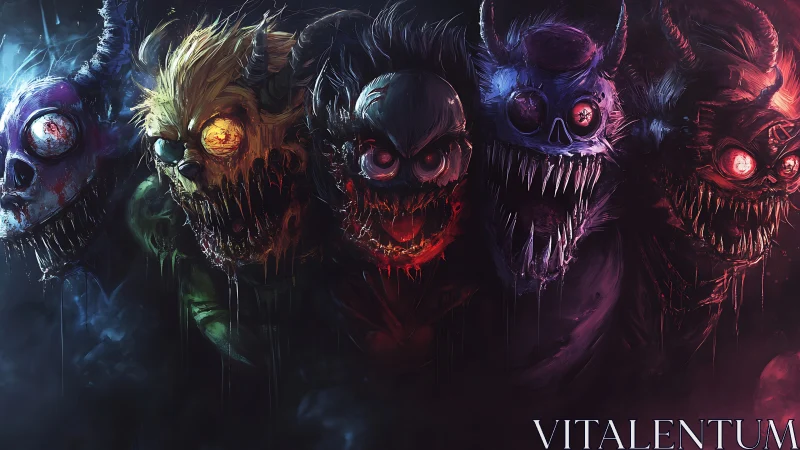 Row of monstrous heads with glowing eyes in dark setting.