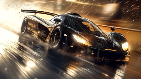 Sleek black supercar racing through glowing night rain.