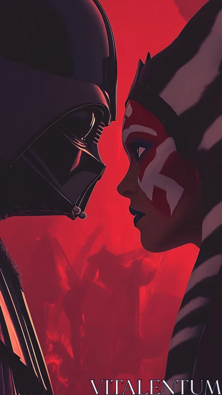 Two opposing masked figures stand face to face in profile