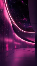Curved corridor with magenta illuminated cosmic panels.