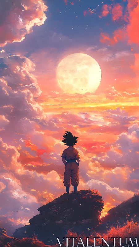 Silhouetted figure on cliff facing full moon over clouds.