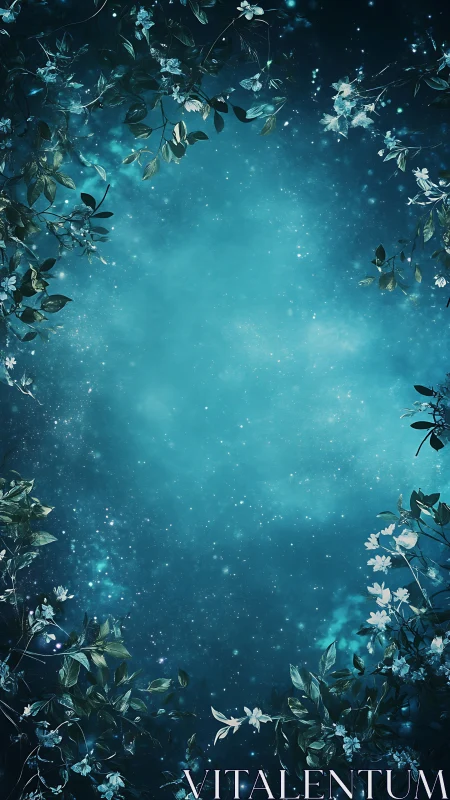 Nocturnal teal nebula backdrop with vignette floral frame