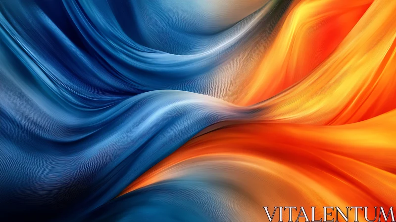 Flowing blue and orange ribbons create dynamic abstract tension