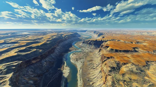 River meandering through stratified desert canyon under clouds