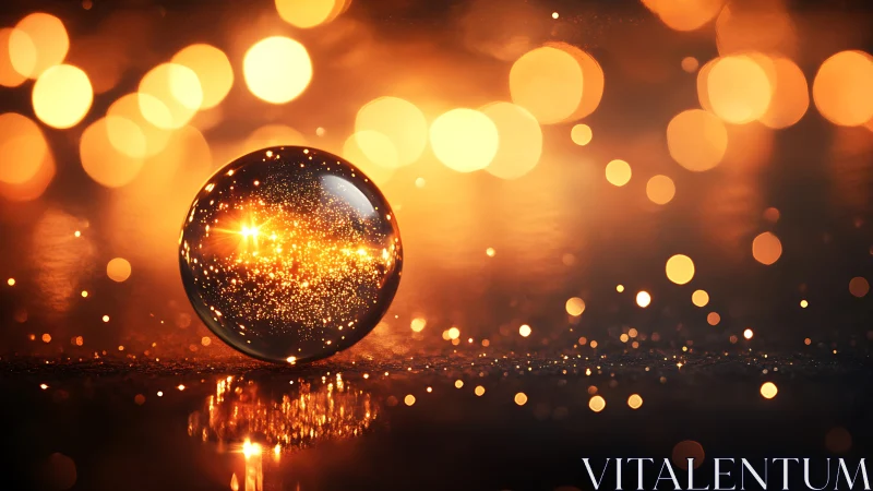 Glowing glass sphere on reflective surface with golden bokeh.