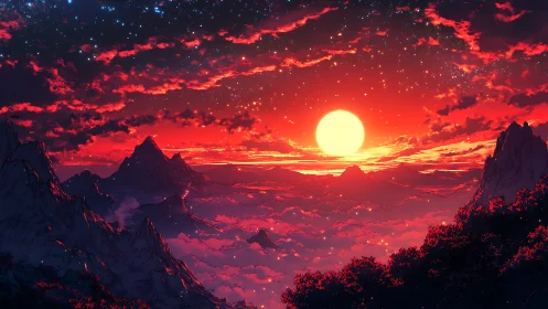 Radiant red sun sinks over dreamy star-lit mountain clouds