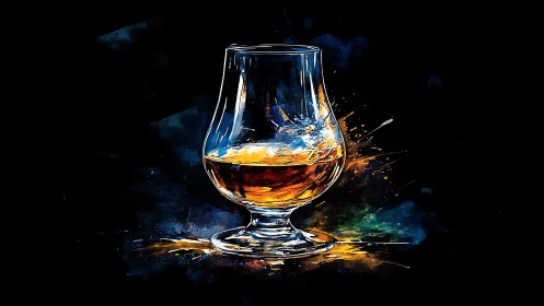 Whisky glass illustration on dark background with color accents.