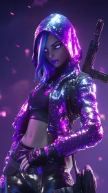 Hooded cyberpunk woman stands armed in glowing jacket