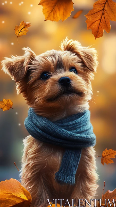 Cozy little pup wrapped in autumn leaves and soft scarf.