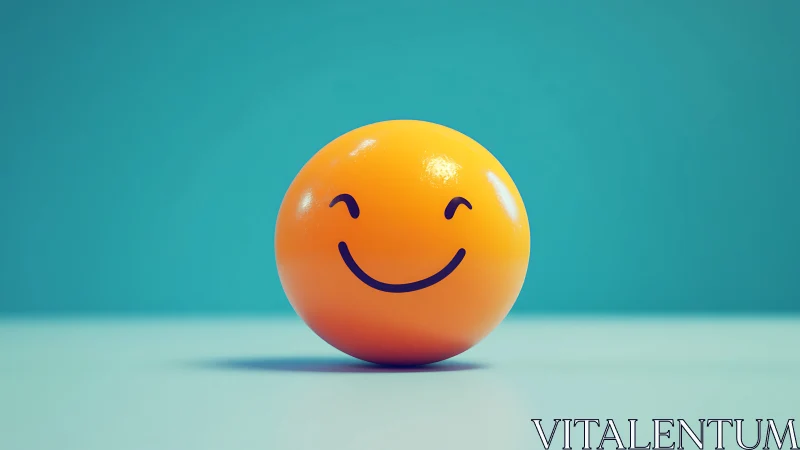 Smiling orange sphere glows against clean teal backdrop.