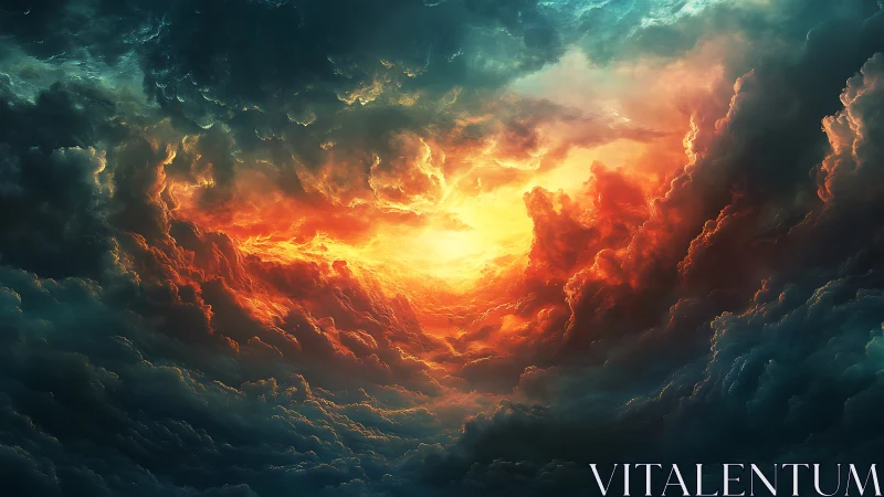 Fiery orange storm clouds form bright opening in dark sky