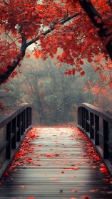 Autumn bridge leads through red maple canopy in soft rain