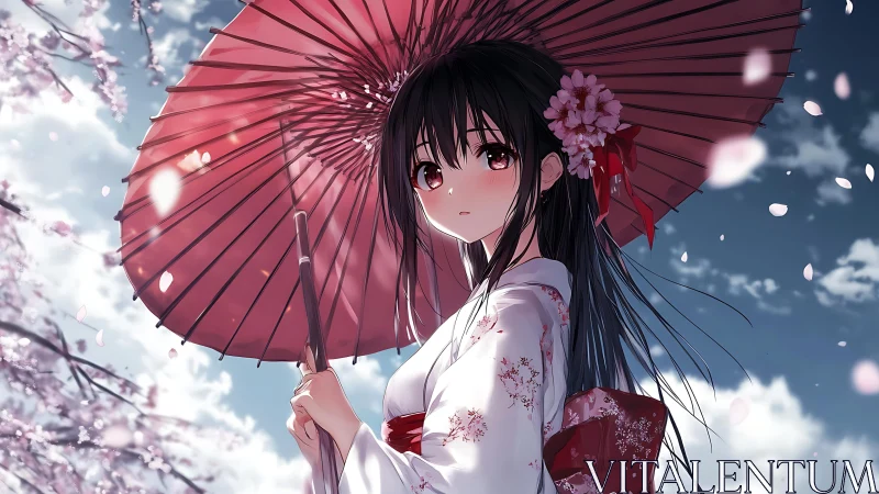 Gentle girl with red parasol enjoys a calm cherry blossom sky